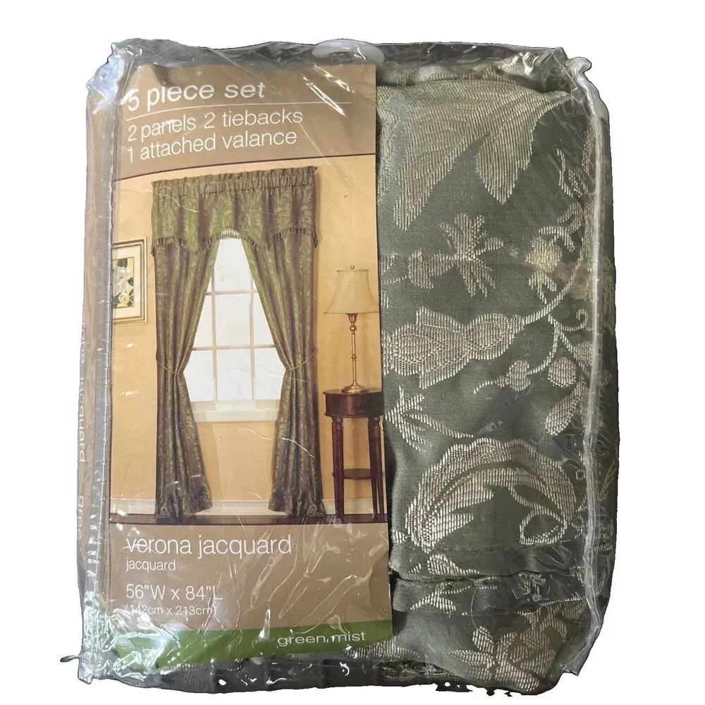 Vintage Verona Jacquard 5 Piece Curtains Green Mist Window Decor 56 x 84 New